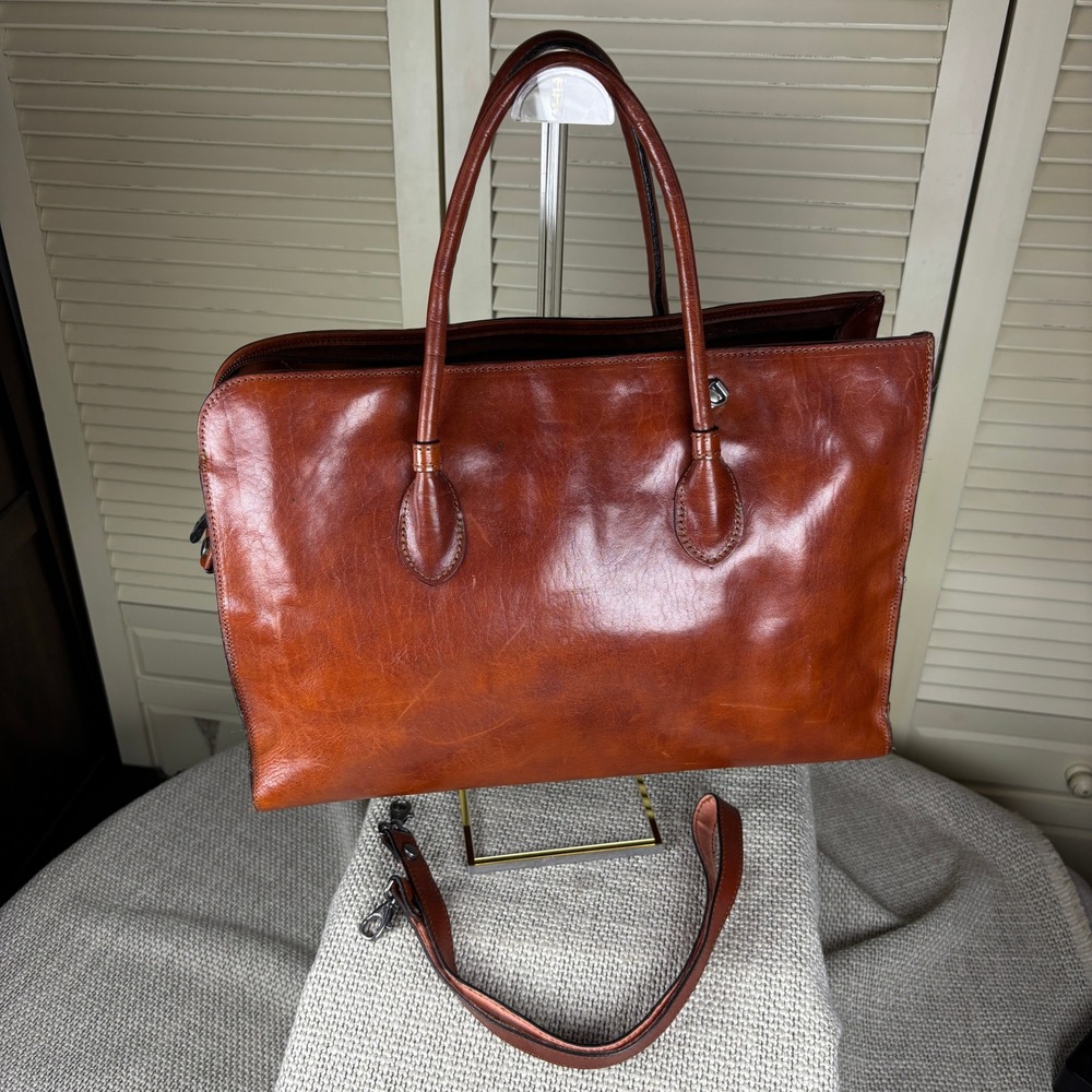 Classic Luxury Modi Cognac Brown Leather Satchel Briefcase Tote Made in Italy